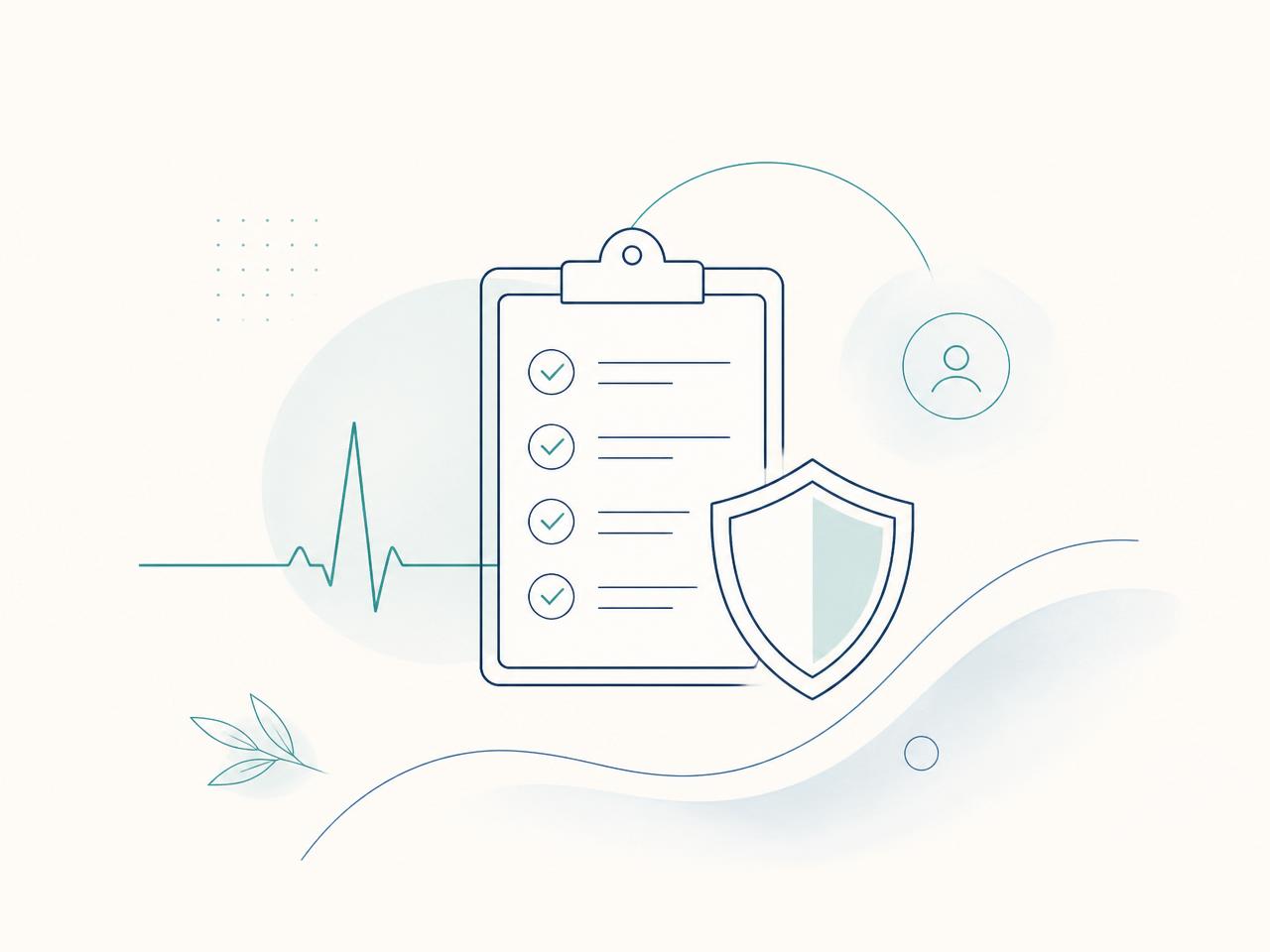 Illustration of healthcare compliance tools: checklist, vitals line, and shield
